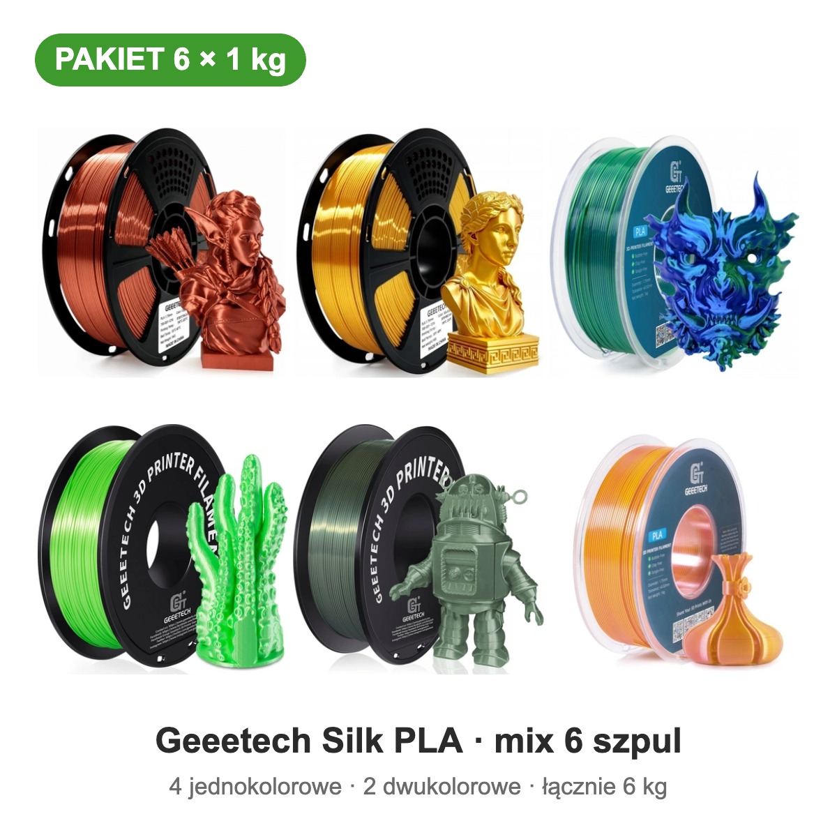 Geeetech Silk PLA mix jedno- i dwukolorowy — pakiet 6 × 1 kg, 1,75 mm