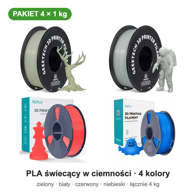 PLA świecący w ciemności (Glow) — 4 kolory, pakiet 4 × 1 kg, 1,75 mm