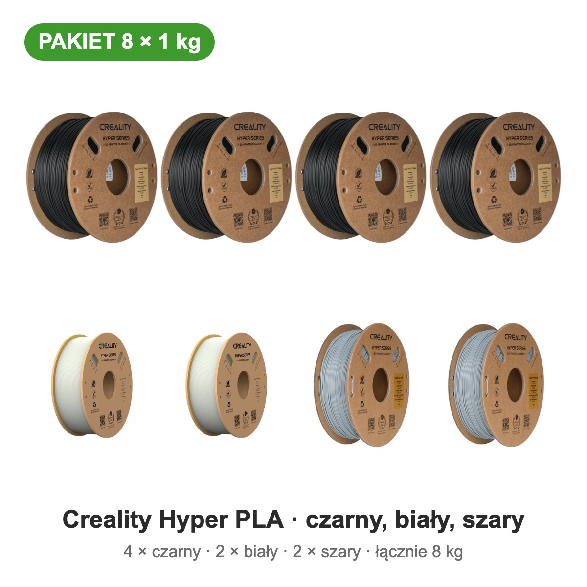 Creality Hyper PLA czarny, biały, szary — pakiet 8 × 1 kg, 1,75 mm