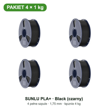 SUNLU PLA+ Black — pakiet 4 × 1 kg, 1,75 mm