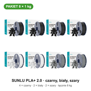 SUNLU PLA+ 2.0 czarny, biały, szary — pakiet 8 × 1 kg, 1,75 mm