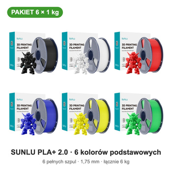 SUNLU PLA+ 2.0 — 6 kolorów podstawowych, pakiet 6 × 1 kg, 1,75 mm