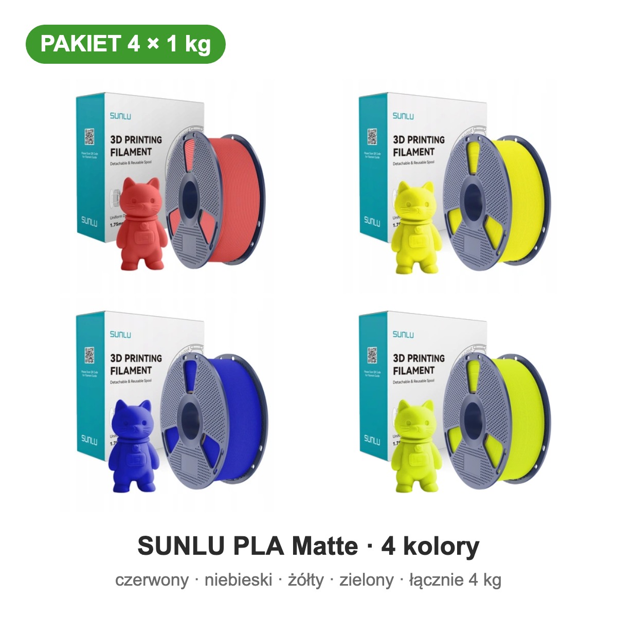 SUNLU PLA Matte czerwony, niebieski, żółty, zielony — pakiet 4 × 1 kg, 1,75 mm