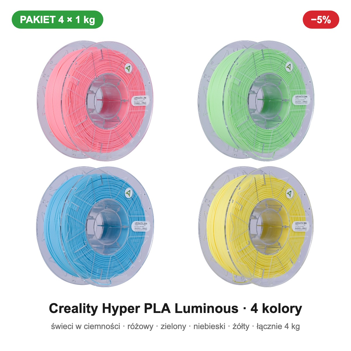 Creality Hyper PLA Luminous świecący w ciemności — 4 kolory, pakiet 4 × 1 kg, 1,75 mm