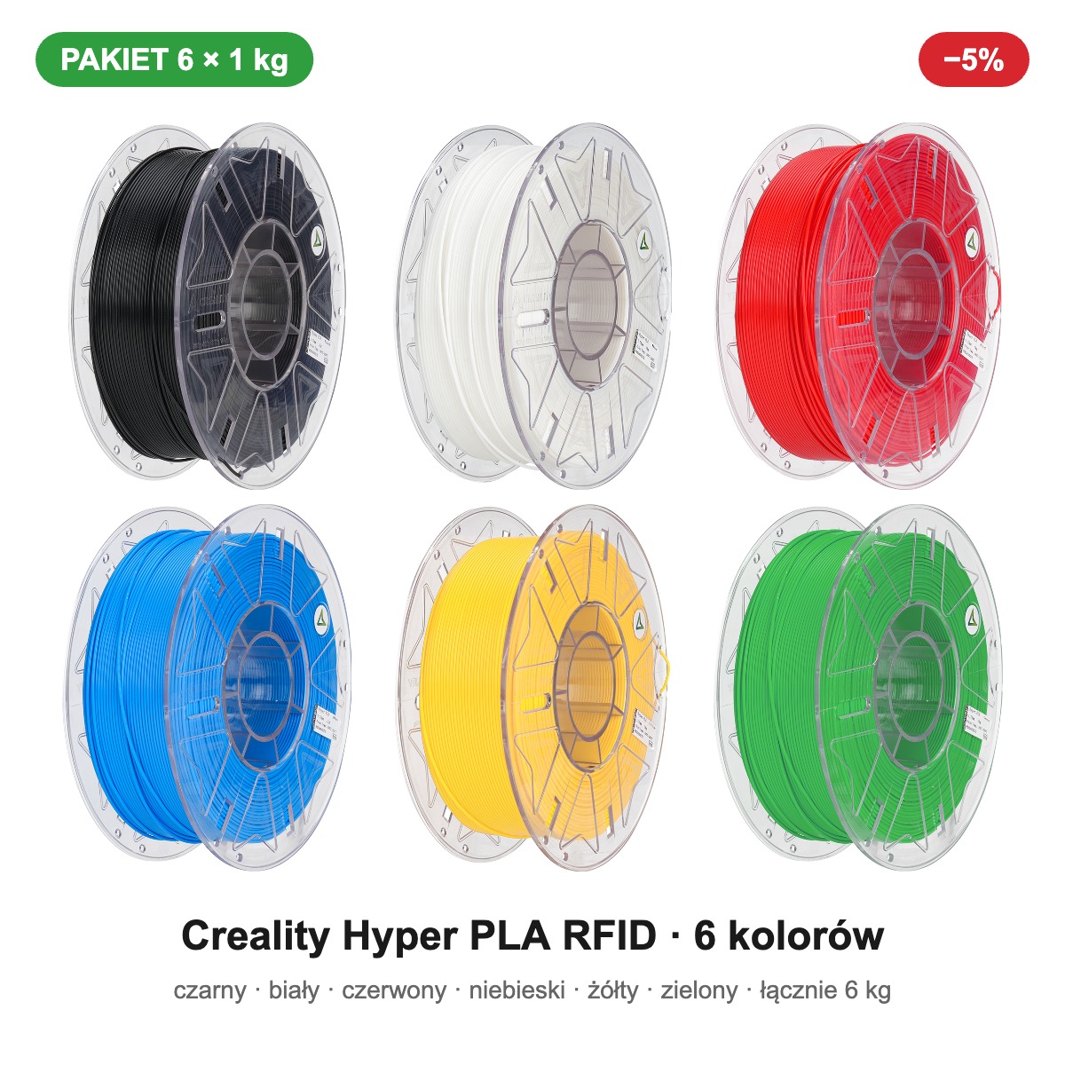 Creality Hyper PLA RFID — 6 kolorów, pakiet 6 × 1 kg, 1,75 mm