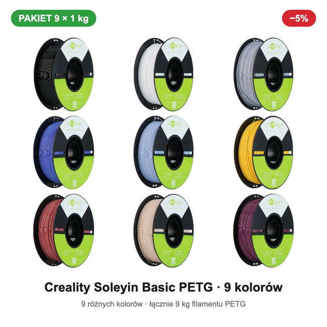 Creality Soleyin Basic PETG — 9 kolorów, pakiet 9 × 1 kg, 1,75 mm