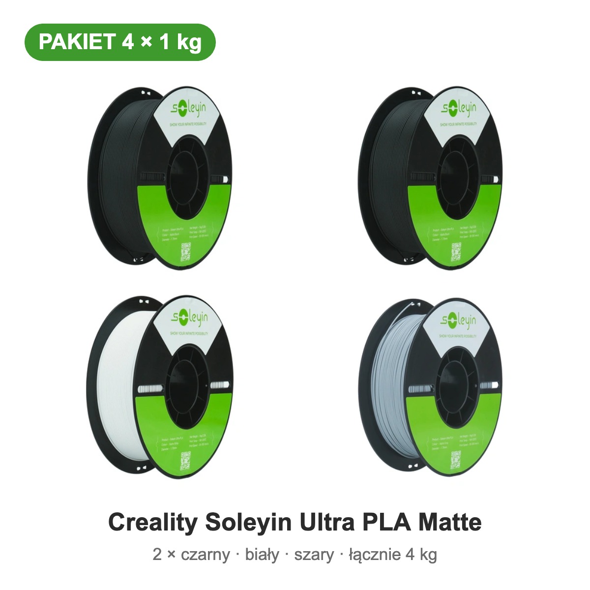 Creality Soleyin Ultra PLA Matte czarny, biały, szary — pakiet 4 × 1 kg, 1,75 mm