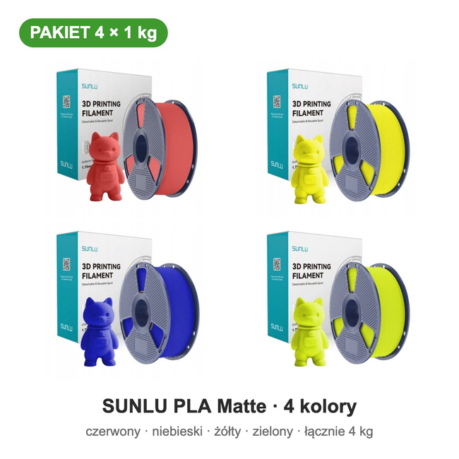 SUNLU PLA Matte czerwony, niebieski, żółty, zielony — pakiet 4 × 1 kg, 1,75 mm
