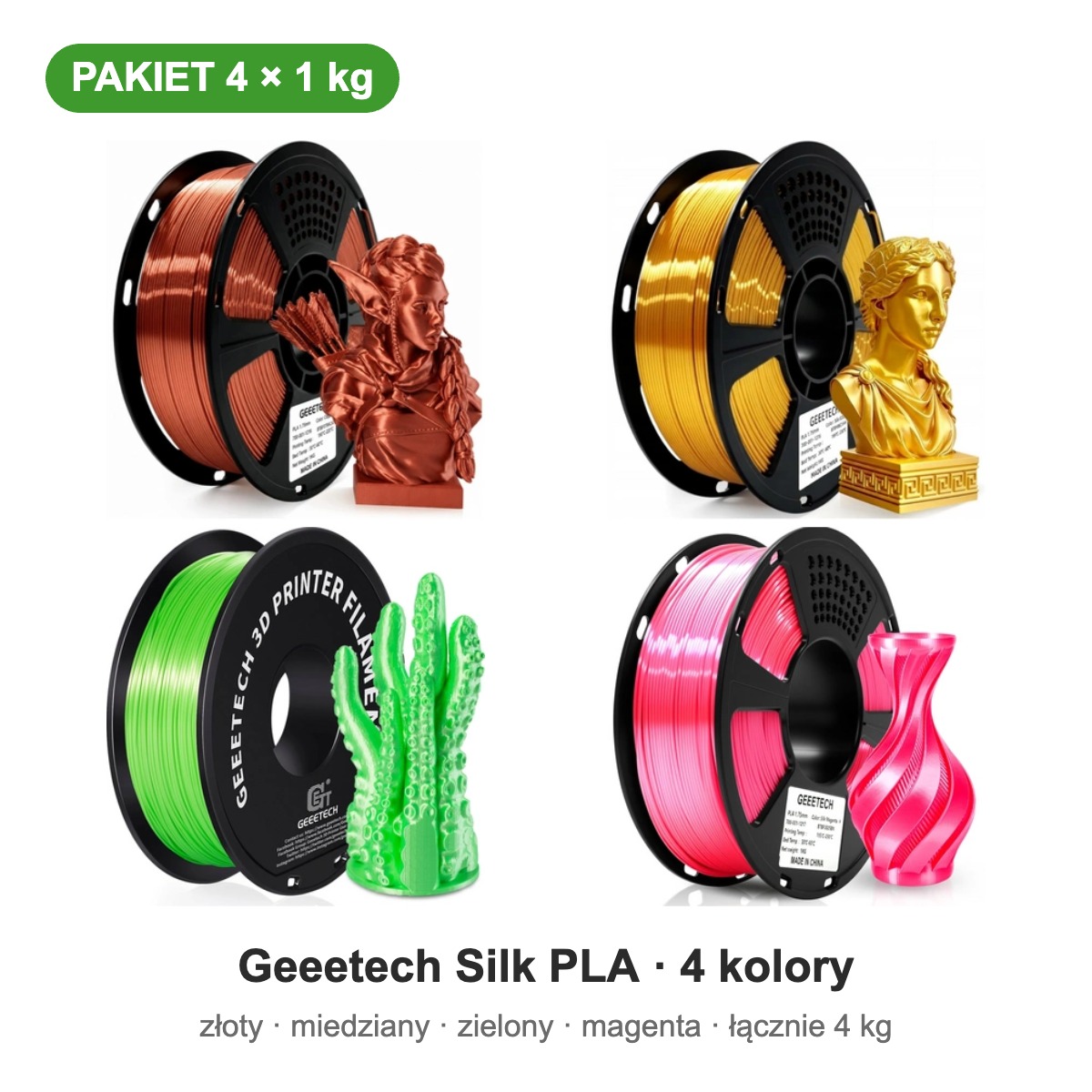 Geeetech Silk PLA złoty, miedziany, zielony, magenta — pakiet 4 × 1 kg, 1,75 mm