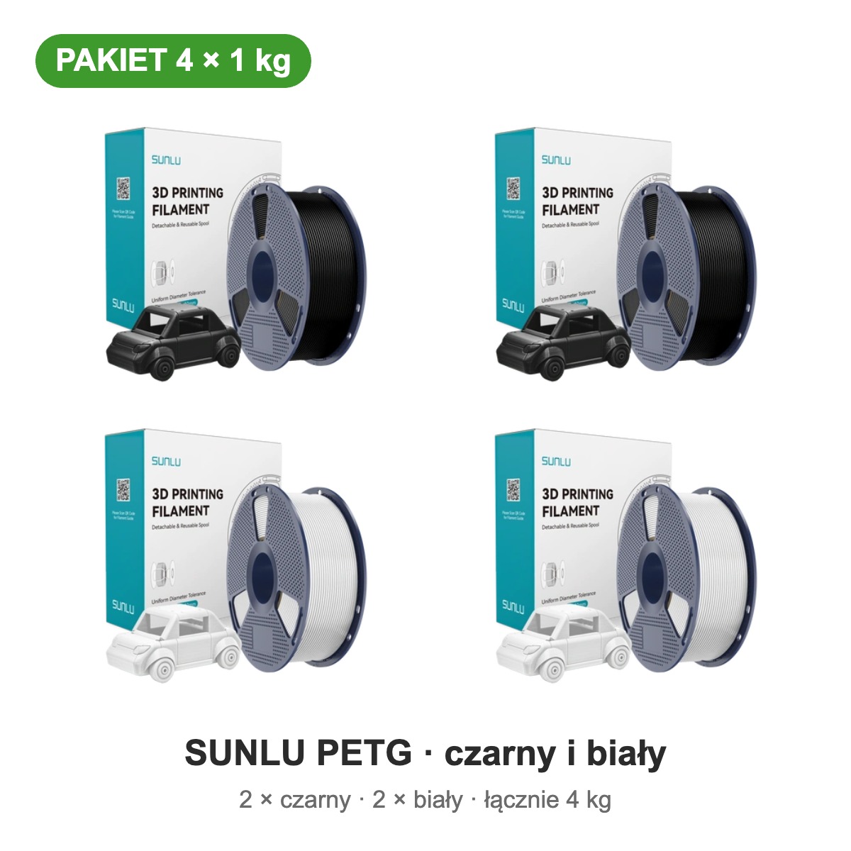 SUNLU PETG czarny i biały — pakiet 4 × 1 kg (2 + 2), 1,75 mm