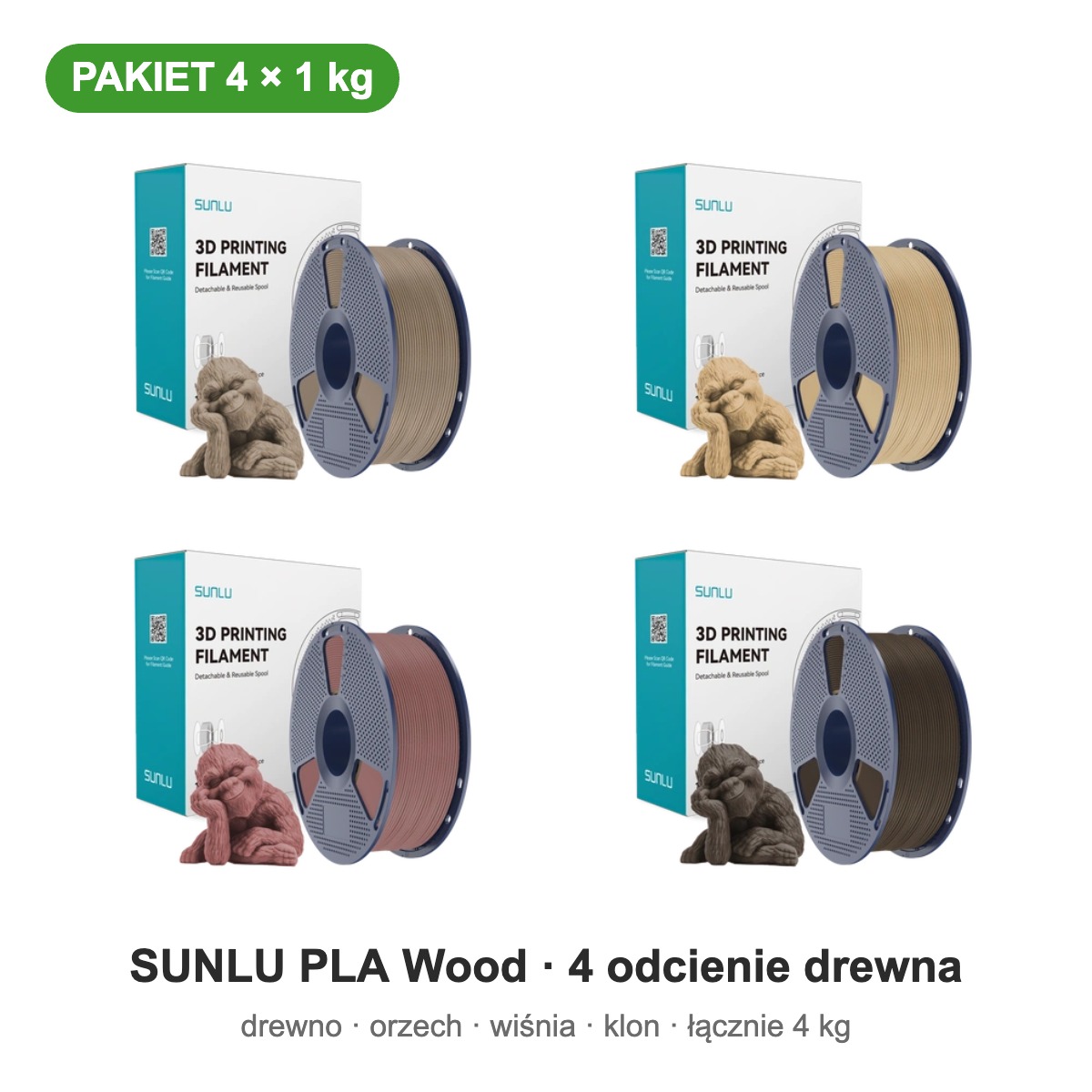 SUNLU PLA Wood 4 odcienie drewna — pakiet 4 × 1 kg, 1,75 mm
